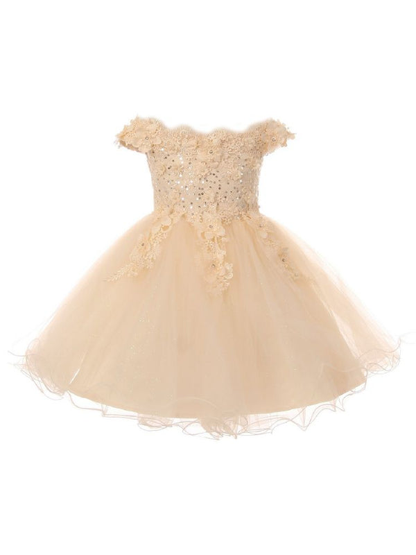 Girls 3D Floral Sequin Tulle Off Shoulder Junior Bridesmaid Dress 4-12